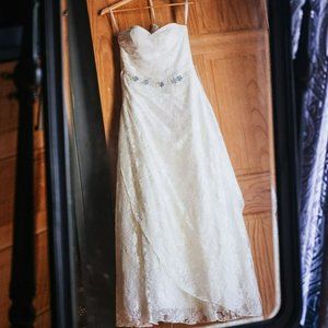 Allover lace A-line strapless ivory wedding dress (David's Bridal WG3805)